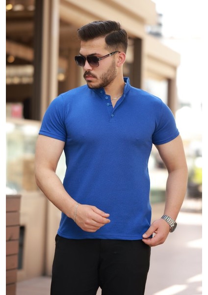 Erkek Hakim Yaka Dokuma Pamuklu Kumaş Kısa Kollu T-Shirt