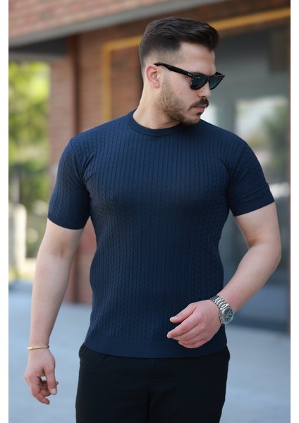 Erkek Bisiklet Yaka Örgü Desenli Kısa Örme Triko Kısa Kollu T-Shirt