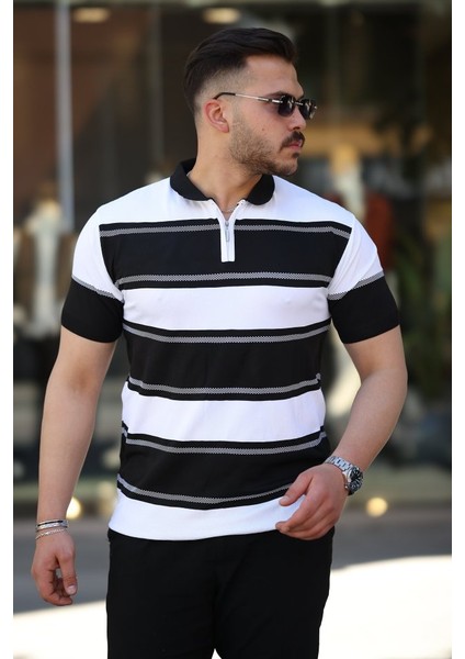 Erkek Yakalı Fermuarlı Çift Renk Kısa Kollu T-Shirt
