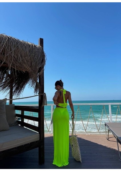 Kadın Mayo Kumaş Bağlamalı Crop ve Maxi Boy Etek Ikili Takım modelleri