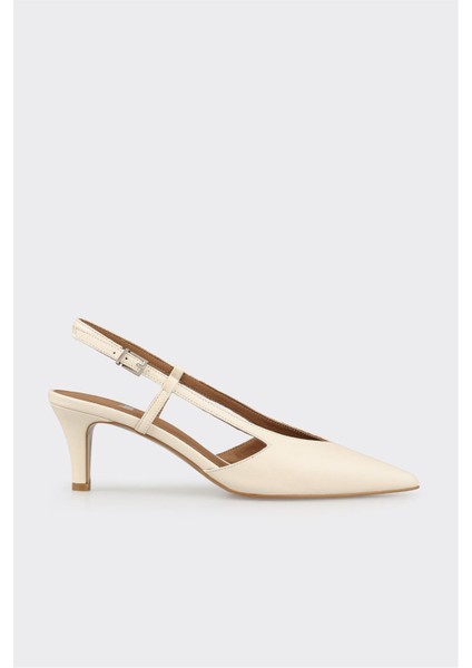 Ekru Deri Kadın Topuklu Ayakkabı