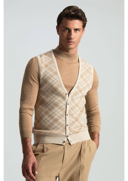 Merino Yün Baklava Desen Açık Bej Yelek