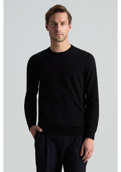 Kaşmir Pamuk Karışım Bisiklet Yaka Siyah Triko