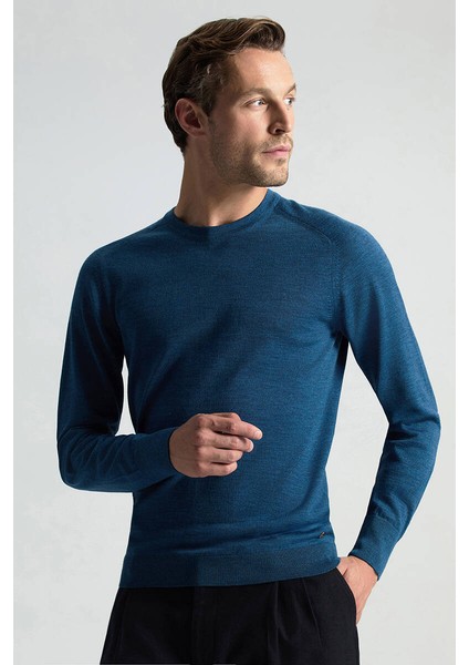 Merino Yün Petrol Mavisi Bisiklet Yaka Triko