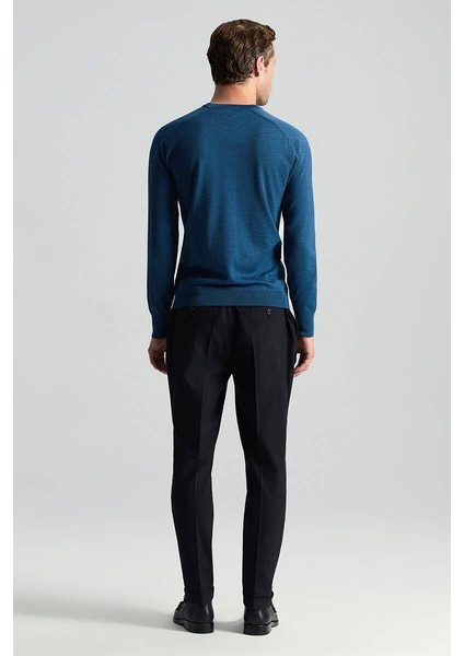 Merino Yün Petrol Mavisi Bisiklet Yaka Triko indirimleri