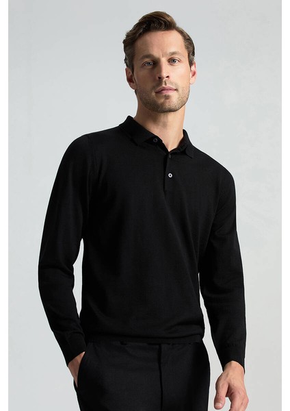 Merino Yünü Polo Yaka Siyah Triko