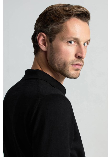 Merino Yünü Polo Yaka Siyah Triko indirimleri