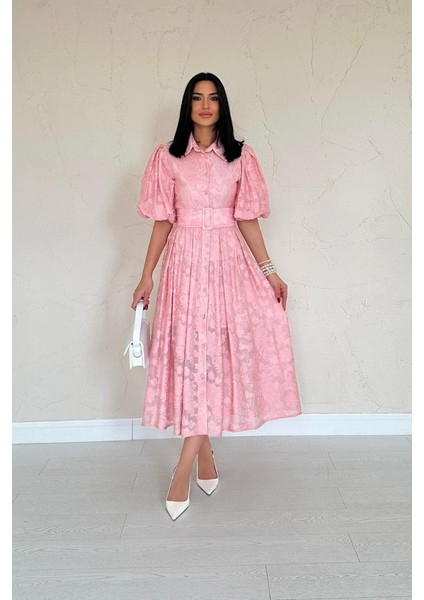 Pembe Kemerli Balon Kollu Elbise Pembe-S