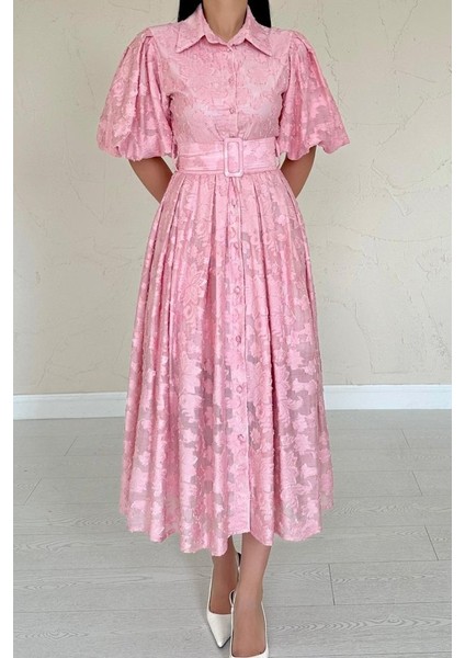 Pembe Kemerli Balon Kollu Elbise Pembe-S fırsatları