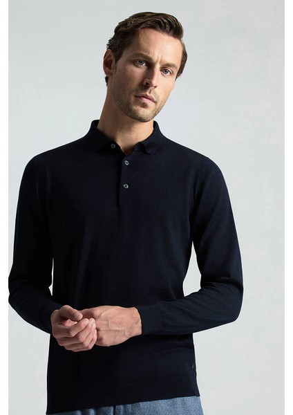 Merino Yünü Polo Yaka Lacivert Triko