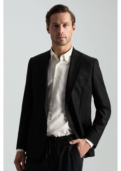 Italyan Yün Kaşmir Karışım Siyah Blazer Ceket