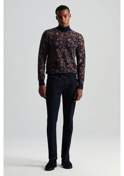 Saf Kaşmir Paisley Desen Lupetto Yaka Lacivert Kazak