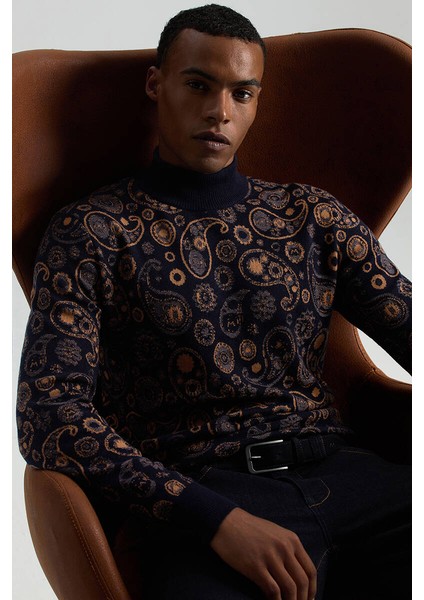 Saf Kaşmir Paisley Desen Lupetto Yaka Lacivert Kazak fiyatları