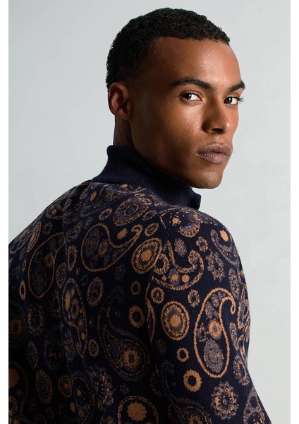 Saf Kaşmir Paisley Desen Lupetto Yaka Lacivert Kazak modelleri