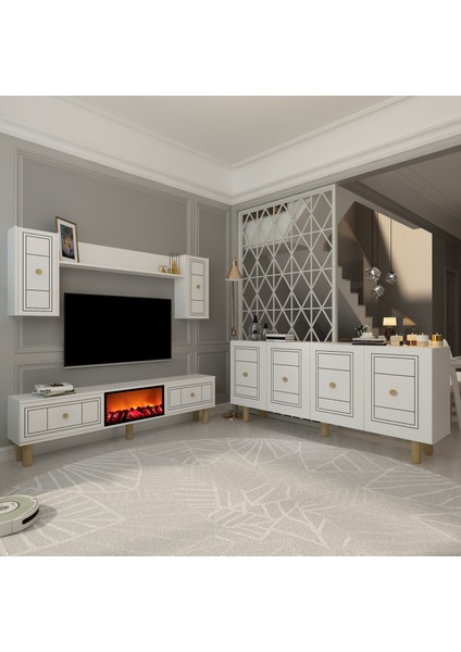 Dariodd Bohem Konsol (KB150), Şömineli (A) Bohem Tv Ünitesi 2 Li Salon Takımı Beyaz-Beyaz