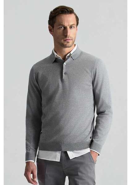 Merino Yünü Polo Yaka Açık Gri Triko