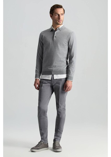 Merino Yünü Polo Yaka Açık Gri Triko modelleri