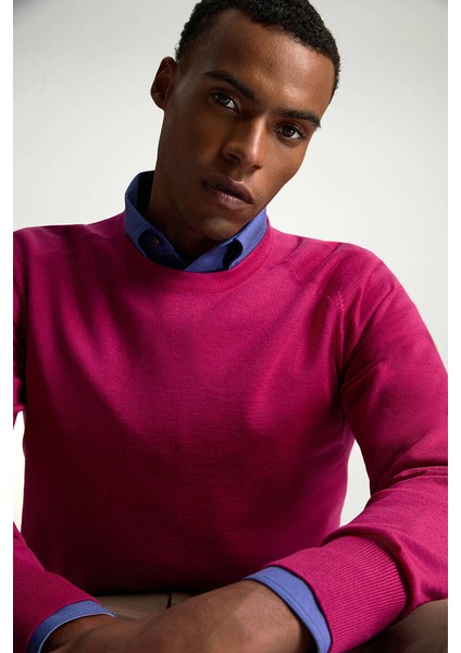 Merino Yün Fuşya Bisiklet Yaka Triko