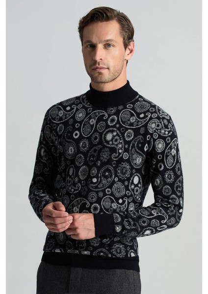 Saf Kaşmir Paisley Desen Lupetto Yaka Siyah Kazak