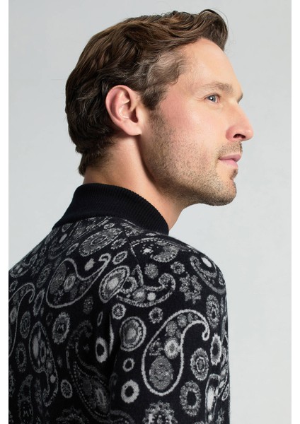 Saf Kaşmir Paisley Desen Lupetto Yaka Siyah Kazak modelleri