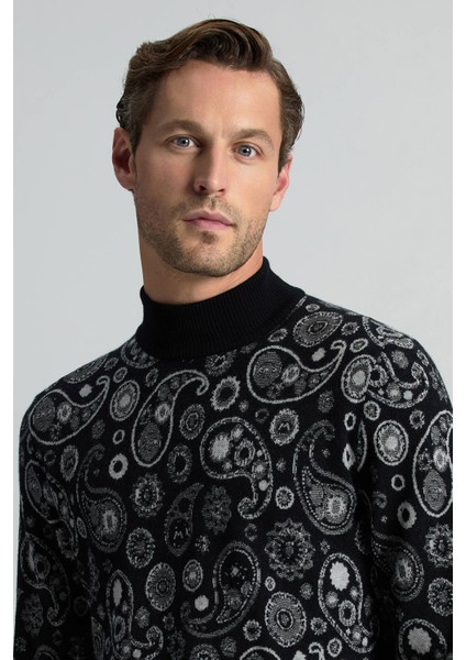 Saf Kaşmir Paisley Desen Lupetto Yaka Siyah Kazak indirimleri