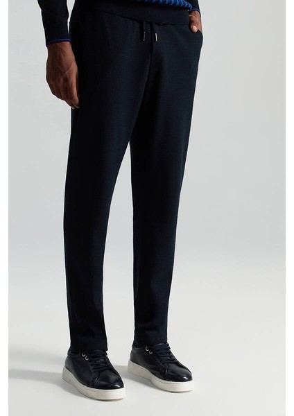 Italyan Yün Bağcık Detaylı Lacivert Relax Pantolon