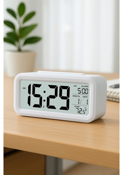 Dijital Masa Saati Fotoselli Alarmlı Işıklı Termometre Takvim Çalar Saat Akıllı Uyandırma