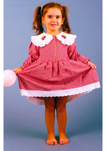 Kız Çocuk Bebek Kırmızı Beyaz Pötikareli Yakası Kiraz Nakışlı Eteği Fistolu Fırfırlı Elbise