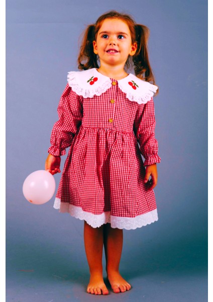 Kız Çocuk Bebek Kırmızı Beyaz Pötikareli Yakası Kiraz Nakışlı Eteği Fistolu Fırfırlı Elbise fiyatları