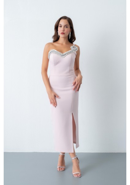 Kadın Pudra Sırt Dekolteli Taşlı Midi Abiye Elbise
