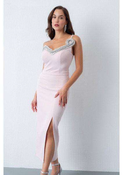 Kadın Pudra Sırt Dekolteli Taşlı Midi Abiye Elbise fiyatları
