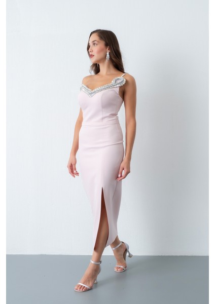 Kadın Pudra Sırt Dekolteli Taşlı Midi Abiye Elbise modelleri