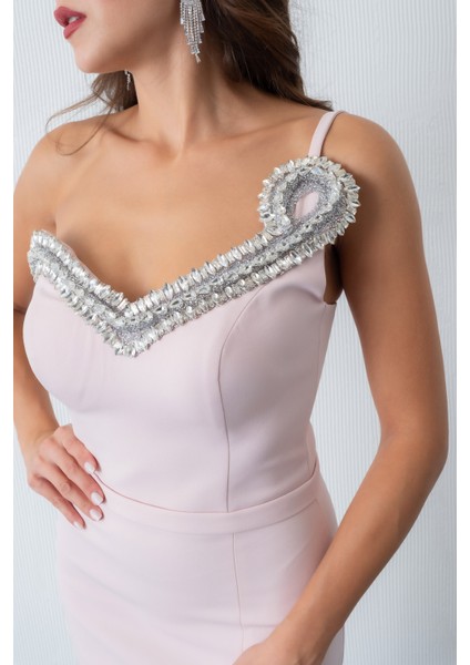 Kadın Pudra Sırt Dekolteli Taşlı Midi Abiye Elbise fırsatları