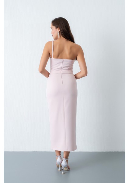 Kadın Pudra Sırt Dekolteli Taşlı Midi Abiye Elbise indirimleri