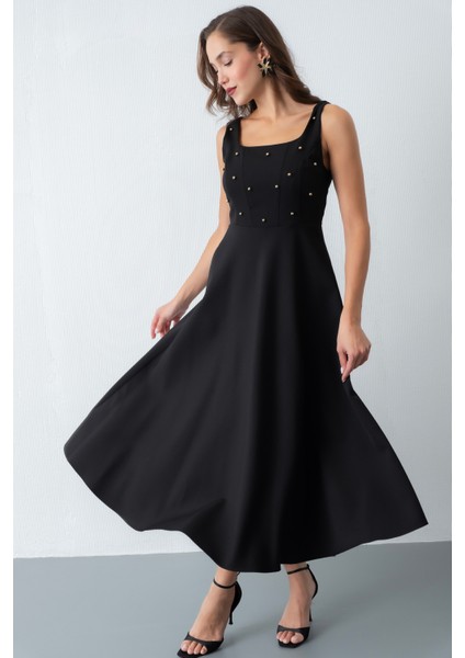 Kadın Siyah Kare Yaka Incili Midi Elbise