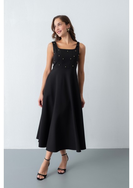 Kadın Siyah Kare Yaka Incili Midi Elbise fiyatları