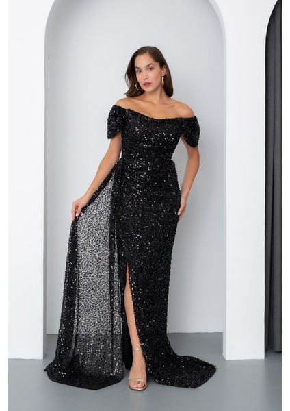 Kadın Siyah Pul Payet Işlemeli Uzun Abiye Elbise fiyatları