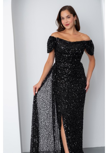 Kadın Siyah Pul Payet Işlemeli Uzun Abiye Elbise modelleri