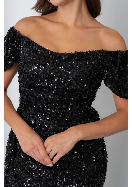 Kadın Siyah Pul Payet Işlemeli Uzun Abiye Elbise fırsatları