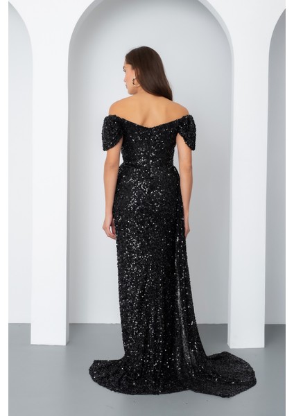 Kadın Siyah Pul Payet Işlemeli Uzun Abiye Elbise indirimleri