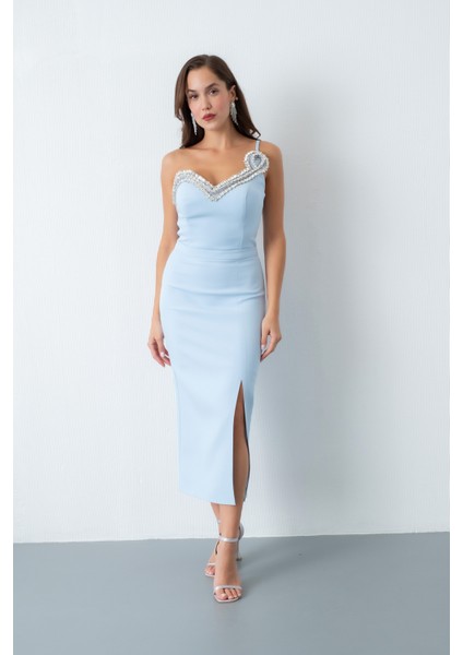 Kadın Bebe Mavi Sırt Dekolteli Taşlı Midi Abiye Elbise
