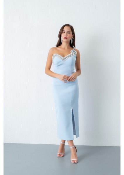 Kadın Bebe Mavi Sırt Dekolteli Taşlı Midi Abiye Elbise fiyatları