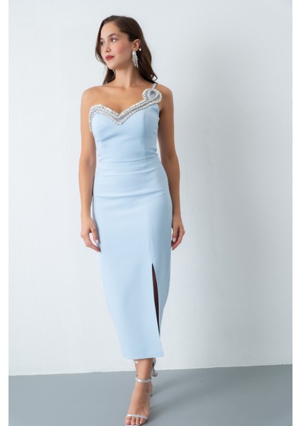 Kadın Bebe Mavi Sırt Dekolteli Taşlı Midi Abiye Elbise modelleri