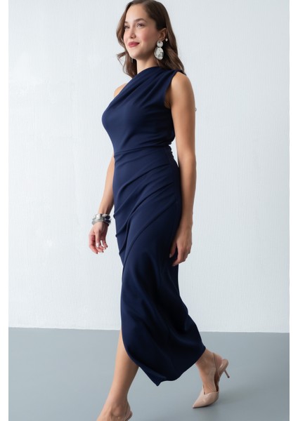 Kadın Lacivert Omuz Dekolteli Midi Davet Elbisesi fiyatları