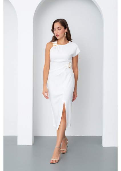 Kadın Ekru Aksesuar Detay Midi Elbise