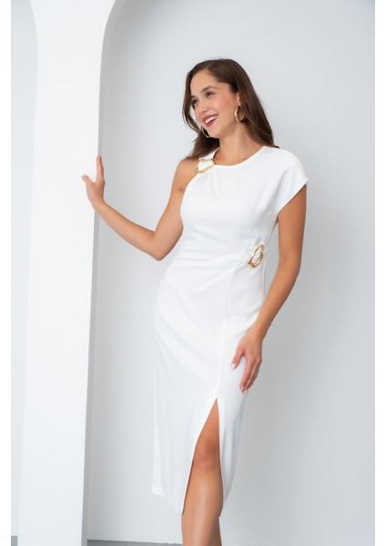 Kadın Ekru Aksesuar Detay Midi Elbise fiyatları