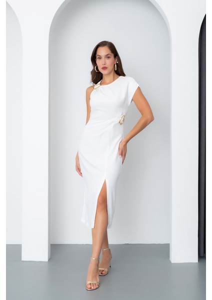 Kadın Ekru Aksesuar Detay Midi Elbise modelleri