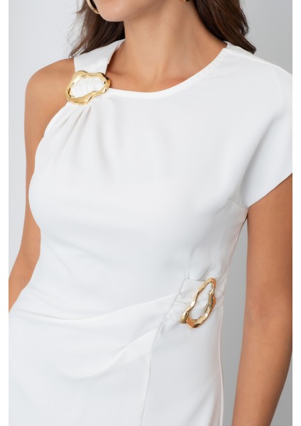 Kadın Ekru Aksesuar Detay Midi Elbise fırsatları