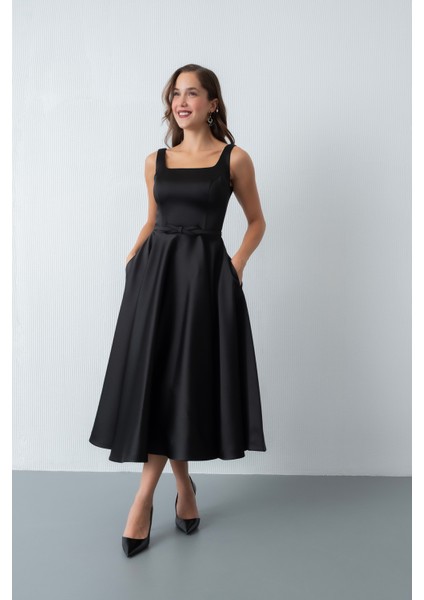 Kadın Siyah Kare Yaka Kemerli Midi Söz Nişan Elbisesi fiyatları