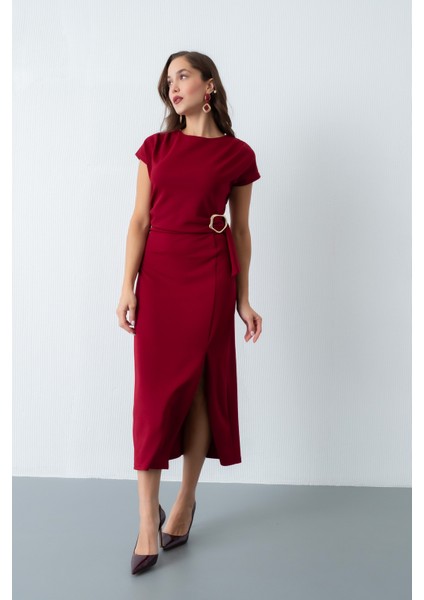 Kadın Bordo Toka Detay Midi Davet Elbisesi